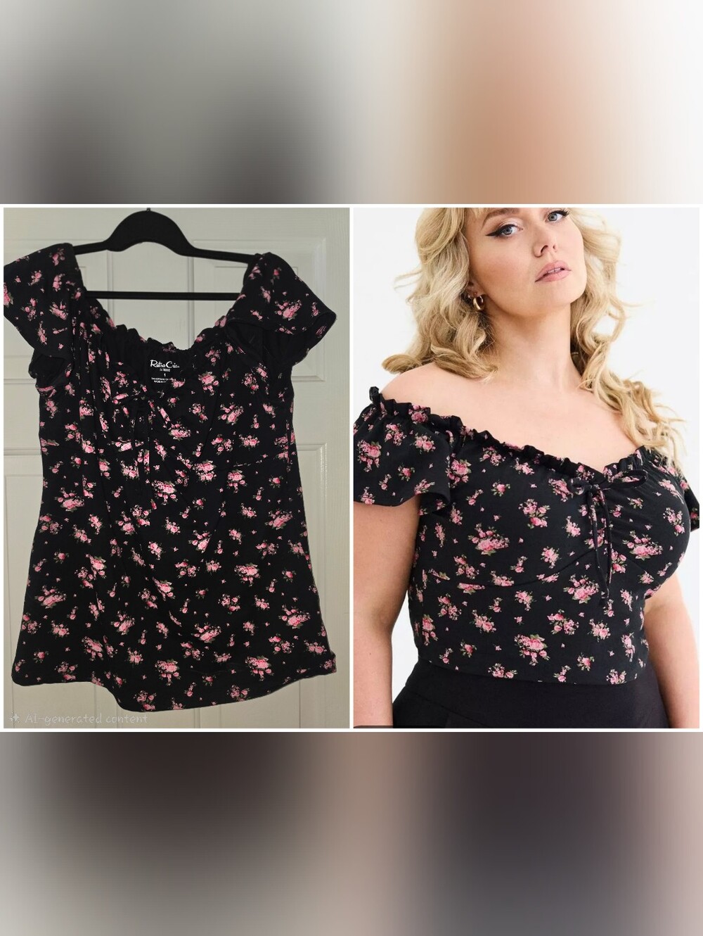 Torrid Retro Chic Black Off-Shoulder Top with Pink Floral Print